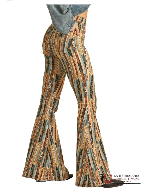 Rock & Roll Denim Pants - Rock & Roll Teal & Tan Aztec Flare Pants